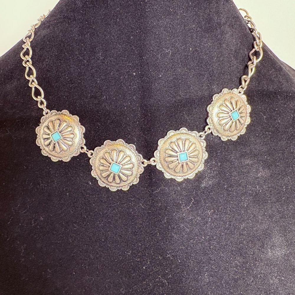 Concho Choker Necklace With Silver Tone And Faux Turquoise